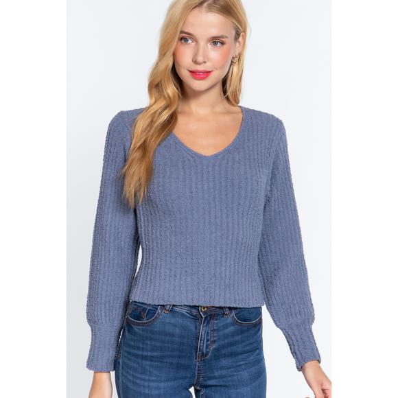Rachell`s Boutique Sweaters - Long Puff Slv V-neck Rib Sweater